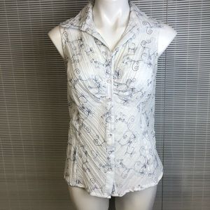 Floral Embroidered Blue White Sleeveless Button Up